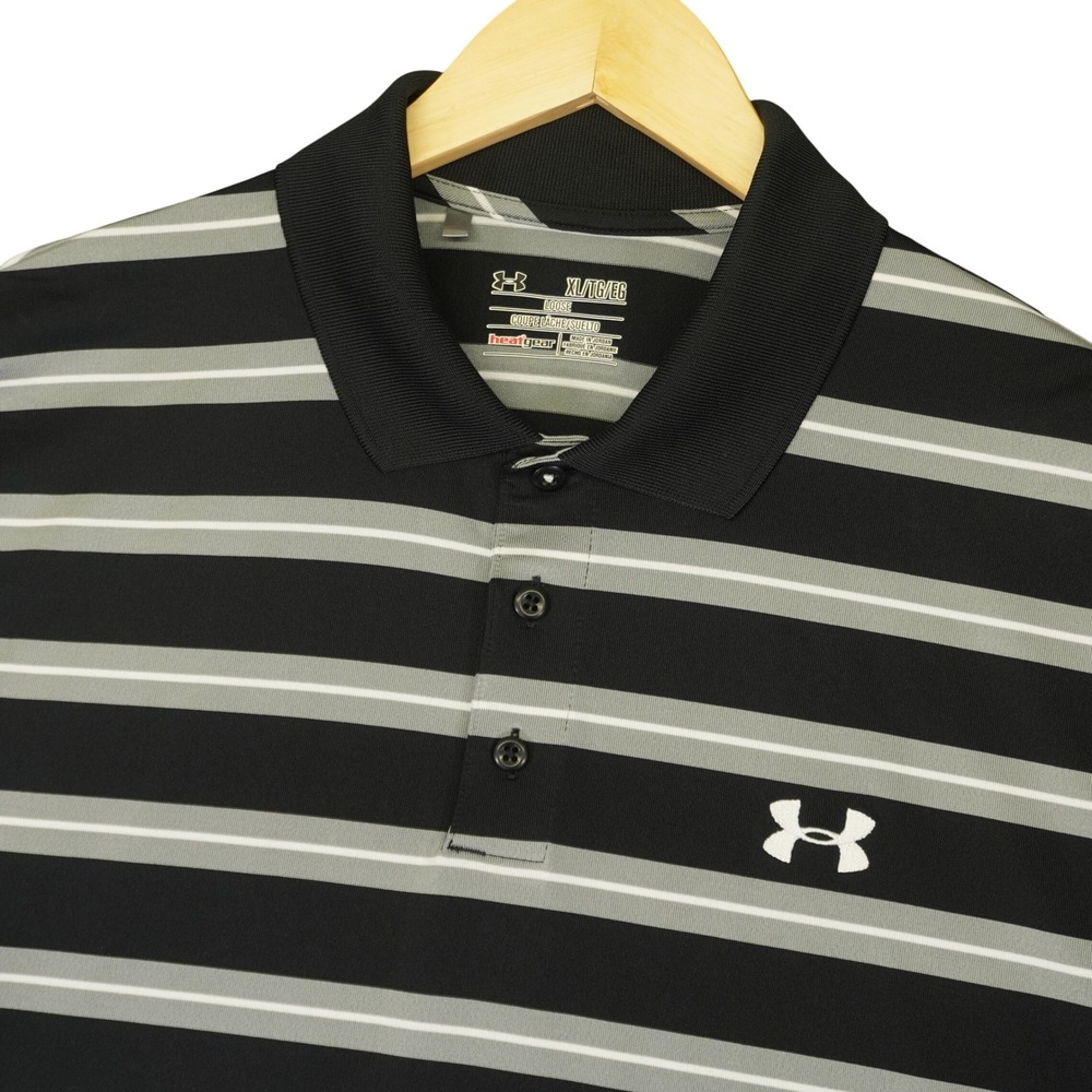 Under Armour Polo Shirt Mens‎ XL Black Striped HeatGear Short Sleeve Loose Fit